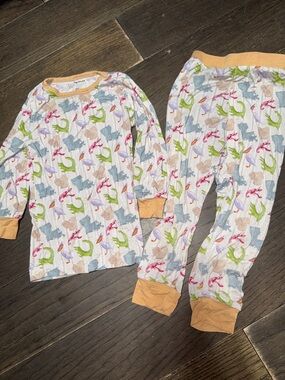 Kids Two-Piece Pajama Set in Multi Animal Print with Tan Trim